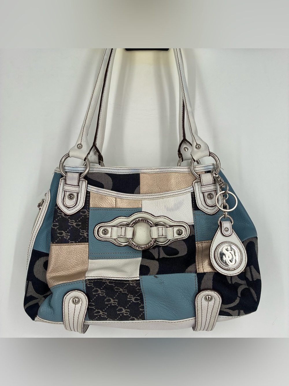 Vintage Y2K Sophia Caperelli Patchwork Shoulder Bag Purse Blue Logo Silver Mini
